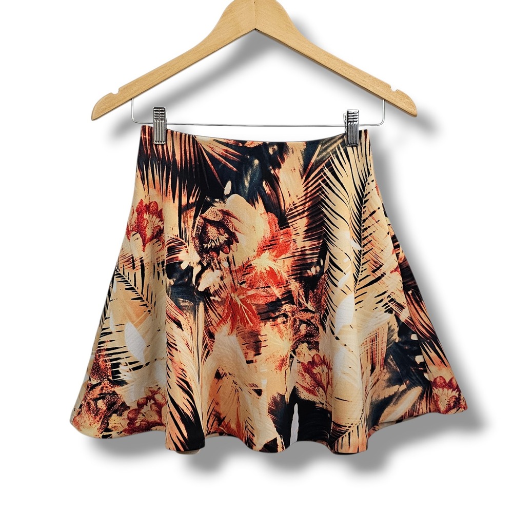 Guess Skirt XS Tropical Palm Leaf Floral‎ Skater Scuba Mini Gold Zipper Resort